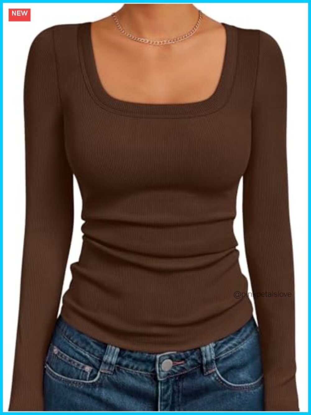 Square Neck Ribbed Long Sleeve Slim Fit Top Fall Basic Layering Tee